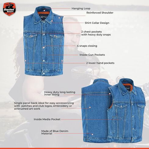 Daniel Smart Sleeveless Denim Biker Vest for Men Unique Raw Blue & Black Jean Vest with Snap Closure & Multiple Carry Pockets in Saudi Arabia