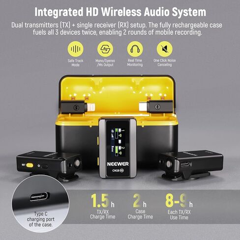 نظام ميكروفون Neewer CM28 اللاسلكي، إلغاء الضوضاء بنقرة واحدة، تخزين 4 جيجابايت لمدة 9 ساعات من 48 كيلو هرتز 16 بت صوت غير مضغوط، ميكروفون طية صدر السترة متوافق مع iPhone/Android/PC/الكاميرا in Kuwait