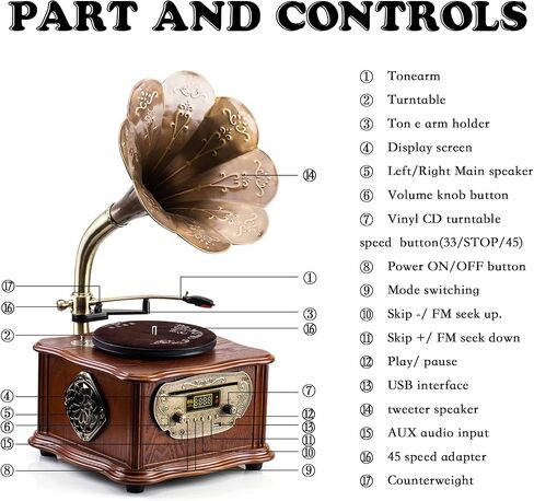Wooden Phonograph Gramophone Turntable CD Player Stereo System Control 33/45 RPM FM AUX USB Ouput Bluetooth 4.2 … … in Saudi Arabia