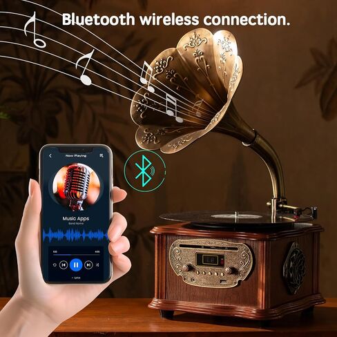 Wooden Phonograph Gramophone Turntable CD Player Stereo System Control 33/45 RPM FM AUX USB Ouput Bluetooth 4.2 … … in Saudi Arabia