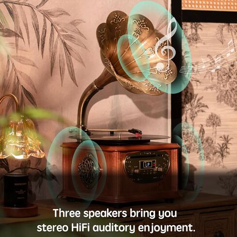 Wooden Phonograph Gramophone Turntable CD Player Stereo System Control 33/45 RPM FM AUX USB Ouput Bluetooth 4.2 … … in Saudi Arabia