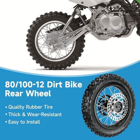 3.00-12 80/100-12 Dirt Bike Rear Rim Wheel Tire Compatible with 90cc 110cc 125cc CRF70 XR70 KX65 KLX110 PW80 TTR90 SSR125 Coolster Taotao Off Road Motorcycle Parts with Brake Rotor Sprocket in Saudi Arabia