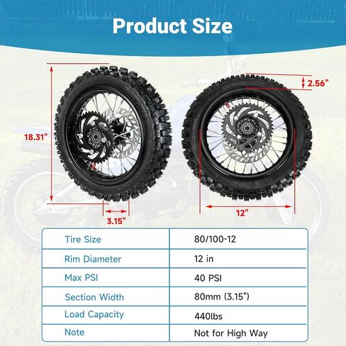 3.00-12 80/100-12 Dirt Bike Rear Rim Wheel Tire Compatible with 90cc 110cc 125cc CRF70 XR70 KX65 KLX110 PW80 TTR90 SSR125 Coolster Taotao Off Road Motorcycle Parts with Brake Rotor Sprocket in Saudi Arabia