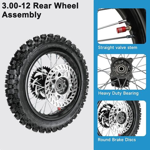 3.00-12 80/100-12 Dirt Bike Rear Rim Wheel Tire Compatible with 90cc 110cc 125cc CRF70 XR70 KX65 KLX110 PW80 TTR90 SSR125 Coolster Taotao Off Road Motorcycle Parts with Brake Rotor Sprocket in Saudi Arabia
