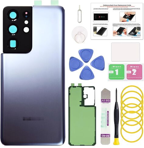 Compatible with Galaxy S21 Ultra Back Cover Replacement, S21 Ultra 5G Back Glass Door with Pre-installed Camera Lens, Repair Tools & Instruction, Phantom Silver in Saudi Arabia