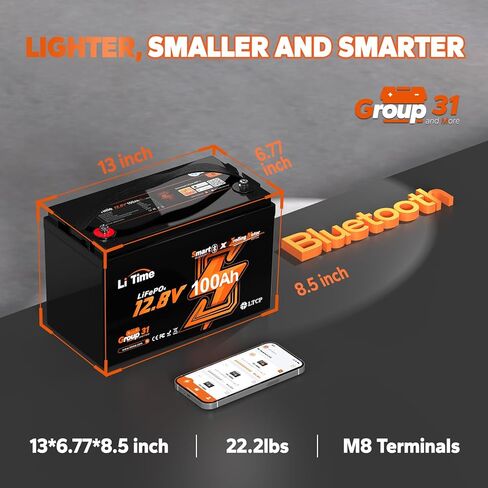 Litime 12V 100ah TM Bluetooth Low-Temptive Protection LifePo4 buit في 100A BMS ، مجموعة 31 بطارية فوسفات الحديد الليثيوم مثالية لمحركات التصيد واليخوت والبحرية والقوارب و RV و Home Energy in Kuwait