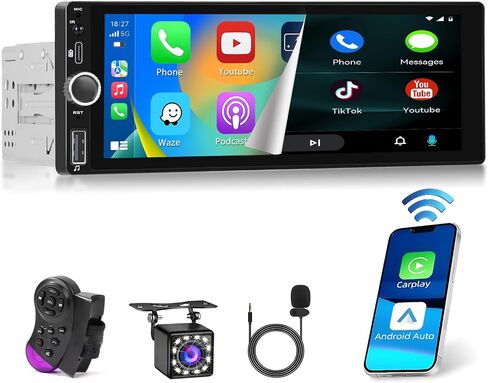 راديو سيارة Hikity 6.9 بوصة لاسلكي Apple Carplay Android Auto، ستيريو سيارة بشاشة لمس واحدة Din مع بلوتوث 5.0، وصلة مرآة، FM، EQ، USB، SWC، ميكروفون، كاميرا احتياطية من النوع C in Saudi Arabia