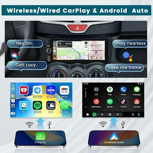 راديو سيارة Hikity 6.9 بوصة لاسلكي Apple Carplay Android Auto، ستيريو سيارة بشاشة لمس واحدة Din مع بلوتوث 5.0، وصلة مرآة، FM، EQ، USB، SWC، ميكروفون، كاميرا احتياطية من النوع C in Saudi Arabia