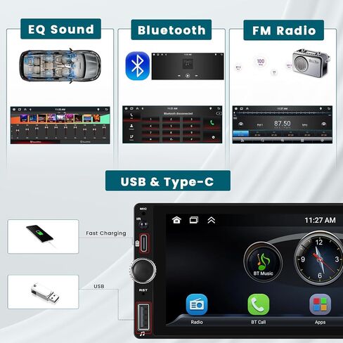 راديو سيارة Hikity 6.9 بوصة لاسلكي Apple Carplay Android Auto، ستيريو سيارة بشاشة لمس واحدة Din مع بلوتوث 5.0، وصلة مرآة، FM، EQ، USB، SWC، ميكروفون، كاميرا احتياطية من النوع C in Saudi Arabia