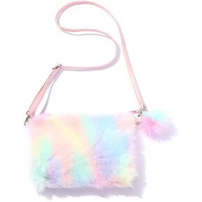 Kids Girls Fluffy Crossbody Purse Fuzzy Bag Plush Tie Dye Rainbow Shoulder Bag Handbag Wallet in Kuwait