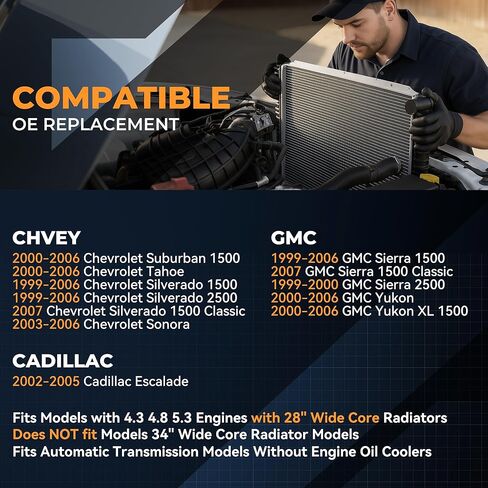 Auto Dynasty Radiator Compatible with 1999-2006 Silverado Sierra Yukon Tahoe Suburban 4.3L 4.8L 5.3L AT, DPI 2334 Factory Style 1-Row Cooling Radiator, 28-1/4" W X 18-11/16" H X 1" D in Kuwait