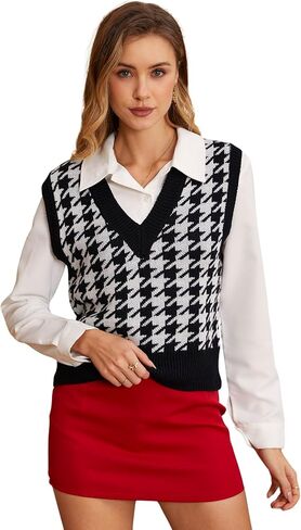 SweatyRocks المرأة بلا أكمام الخامس الرقبة متماسكة سترة سترة Houndstooth المحاصيل تانك الأعلى الصلبة الوردي L in Saudi Arabia