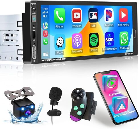 Hikity 6.9 بوصة Carplay Car Stereo Single Din Car Radio Android Auto، HD شاشة تعمل باللمس مع بلوتوث 5.0 التحكم الصوتي مرآة وصلة FM RDS EQ SWC، جهاز استقبال صوت السيارة مع USB/SWC/MIC/AUX-in in Saudi Arabia