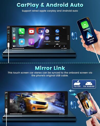 Hikity 6.9 بوصة Carplay Car Stereo Single Din Car Radio Android Auto، HD شاشة تعمل باللمس مع بلوتوث 5.0 التحكم الصوتي مرآة وصلة FM RDS EQ SWC، جهاز استقبال صوت السيارة مع USB/SWC/MIC/AUX-in in Saudi Arabia