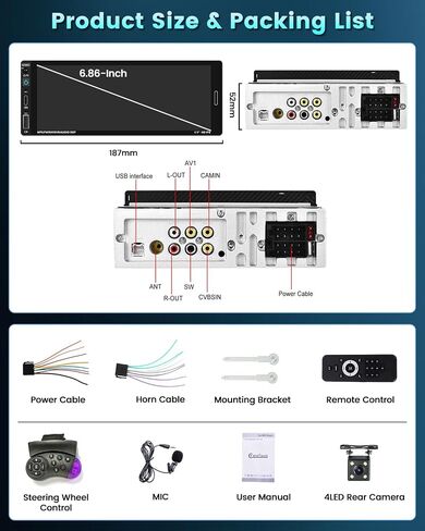 Hikity 6.9 بوصة Carplay Car Stereo Single Din Car Radio Android Auto، HD شاشة تعمل باللمس مع بلوتوث 5.0 التحكم الصوتي مرآة وصلة FM RDS EQ SWC، جهاز استقبال صوت السيارة مع USB/SWC/MIC/AUX-in in Saudi Arabia