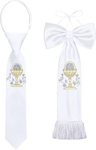 2 Pcs First Communion Arm Band Boy's White Tie with Cross Solid Pattern White Tie Religious Gifts Catholic First Holy Communion White Satin Arm Bow for 1st Communion Baptism or Confirmation in Saudi Arabia