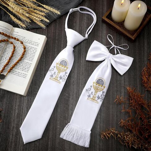 2 Pcs First Communion Arm Band Boy's White Tie with Cross Solid Pattern White Tie Religious Gifts Catholic First Holy Communion White Satin Arm Bow for 1st Communion Baptism or Confirmation in Saudi Arabia