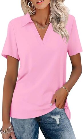 ORANDESIGNE Women's Short Sleeve V Neck Polo Shirts Color Block Summer Collared Tops Casual Loose Tees in Saudi Arabia