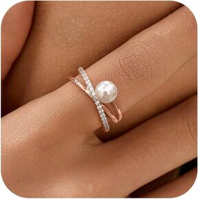 خاتم لؤلؤ 6 مم للنساء لذيذ X متقاطع خاتم لؤلؤ ذهبي قابل للتكديس 925 فضة مكعب زركونيا حلقة مفتوحة وعد خواتم لعيد ميلادها هدايا مجوهرات الزفاف للأم in Kuwait