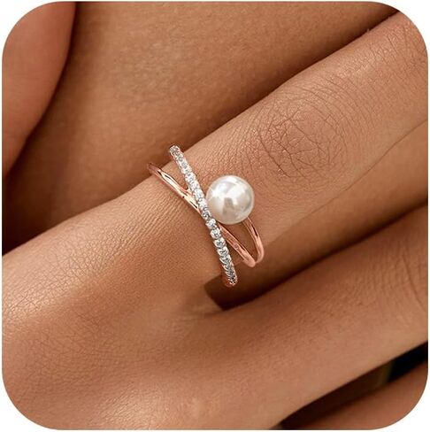 6mm Pearl Ring for Women Dainty X Criss Cross Gold Pearl Ring Stackable 925 Sterling Silver Cubic Zirconia Open Ring Promise Rings for Her Birthday Wedding Jewelry Gifts for Mom in Kuwait