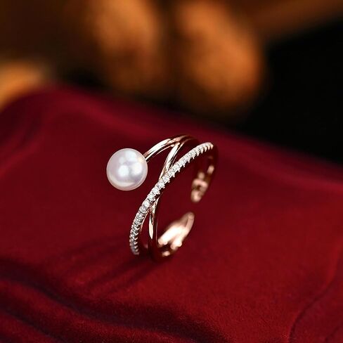 6mm Pearl Ring for Women Dainty X Criss Cross Gold Pearl Ring Stackable 925 Sterling Silver Cubic Zirconia Open Ring Promise Rings for Her Birthday Wedding Jewelry Gifts for Mom in Kuwait