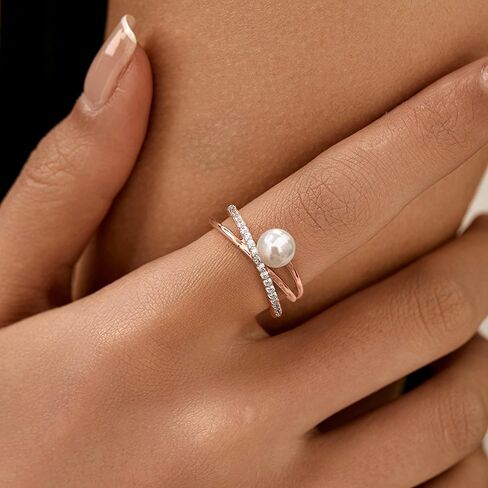 6mm Pearl Ring for Women Dainty X Criss Cross Gold Pearl Ring Stackable 925 Sterling Silver Cubic Zirconia Open Ring Promise Rings for Her Birthday Wedding Jewelry Gifts for Mom in Kuwait
