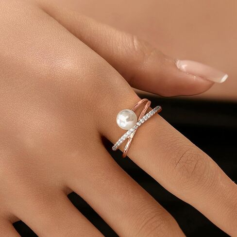 6mm Pearl Ring for Women Dainty X Criss Cross Gold Pearl Ring Stackable 925 Sterling Silver Cubic Zirconia Open Ring Promise Rings for Her Birthday Wedding Jewelry Gifts for Mom in Kuwait