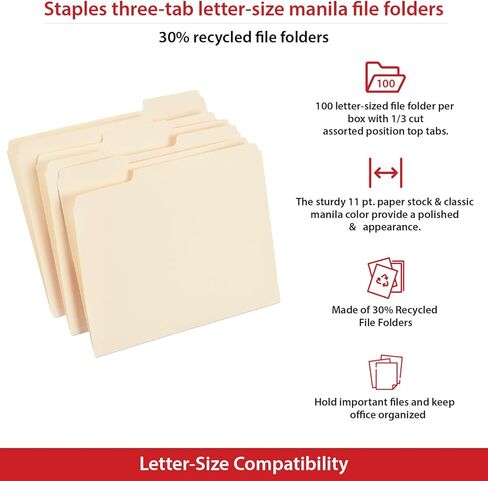 Staples 30% Recycled File Folders, 1/3-Cut Tab, Letter Size, Manila, 100/Box (ST56675) in Saudi Arabia
