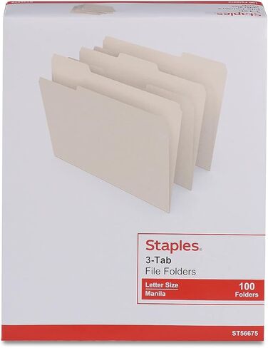 Staples 30% Recycled File Folders, 1/3-Cut Tab, Letter Size, Manila, 100/Box (ST56675) in Saudi Arabia