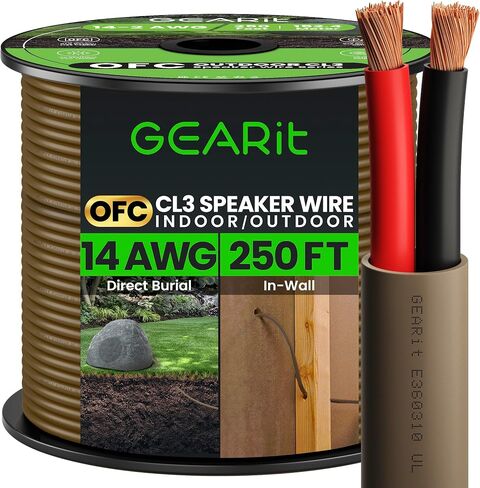 سلك مكبر صوت GearIT 14/2 (20 قدم) مقياس 14AWG - دفن خارجي مباشر في الأرض/في الجدار / تصنيف CL3 CL2 / 2 موصلات - نحاس خالٍ من الأكسجين OFC، أسود 20 قدم in Saudi Arabia