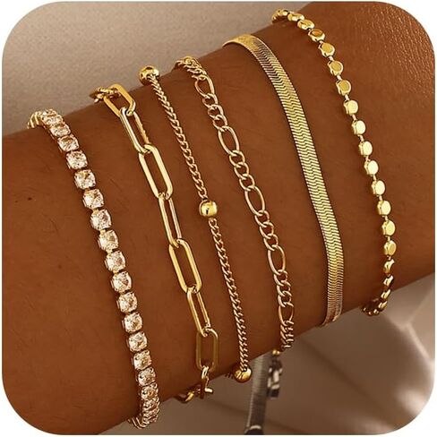 DEARMAY Waterproof Gold Bracelets Set for Women Trendy, Dainty 14K Real Gold Plated Jewelry Fashion Stackable Tennis Beaded Figaro Herringbone Paperclip Link Bracelet Pack Stack Gifts for Women in Kuwait