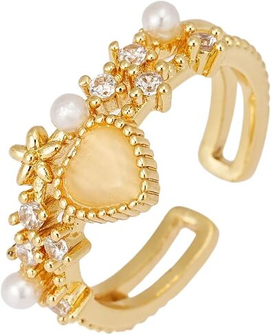 Sylph 18K Gold Plated Pearl Adjustable Ring with Zirconia – Elegant Jewelry for Women – Adjustable Luxury Wedding Statement Ring Open Ring Flexible Fit Birthday Jewelry in Saudi Arabia