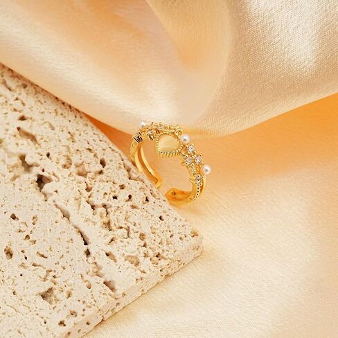 Sylph 18K Gold Plated Pearl Adjustable Ring with Zirconia – Elegant Jewelry for Women – Adjustable Luxury Wedding Statement Ring Open Ring Flexible Fit Birthday Jewelry in Saudi Arabia