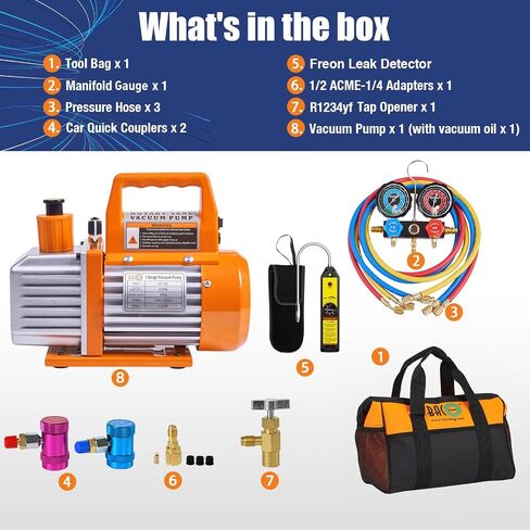 BACOENG R1234yf AC Vacuum Pump and Gauge Set, 4 CFM HVAC Vacuum Pump and Manifold Gauge Set with Leak Detector for R1234yf Refrigerant, with Can Tap and Quick Couplers in Kuwait