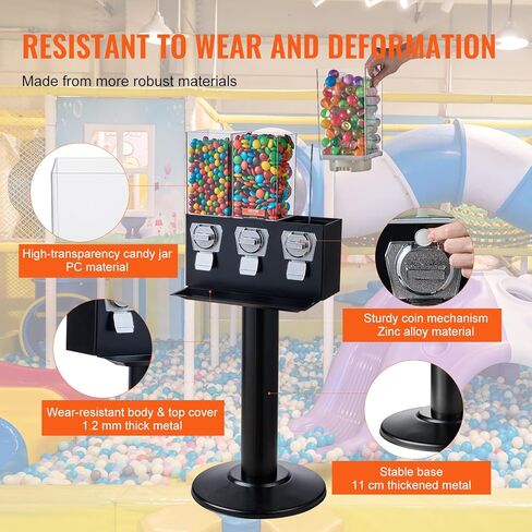 آلة بيع تجارية VEVOR، موزع حلوى ثلاثي المقصورة مع حامل حديد، آلة حلوى العلكة والحلوى للأعمال التجارية، بنك Gumball يعمل بقطع النقود المعدنية لكبسولات الألعاب، كرات نطاطة، حلوى الجوز، أسود in Kuwait