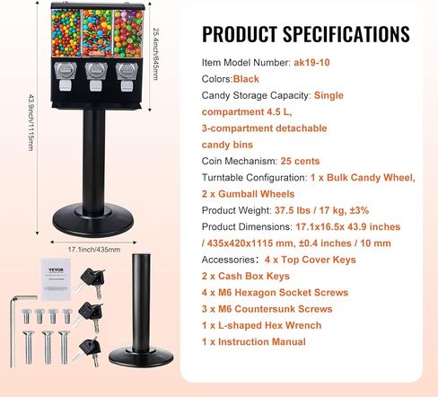 آلة بيع تجارية VEVOR، موزع حلوى ثلاثي المقصورة مع حامل حديد، آلة حلوى العلكة والحلوى للأعمال التجارية، بنك Gumball يعمل بقطع النقود المعدنية لكبسولات الألعاب، كرات نطاطة، حلوى الجوز، أسود in Kuwait