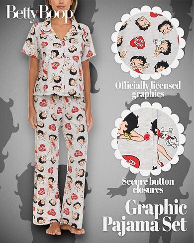 Betty Boop Women’s Pajama Set, Soft Stretchy Pajamas with Pants and Short Sleeve, Notch Collar & Button Down Top in Saudi Arabia
