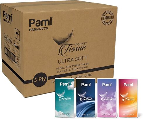 PAMI Ultra-Soft Pocket Tissues [8 Packs x 10 Tissues Per Pack] - 3-Ply Travel Tissue Packs For Kids & Adults- Paper Facial Tissues For Purse, Pocket, Car- Strong & Absorbent Paper Handkerchiefs in Saudi Arabia