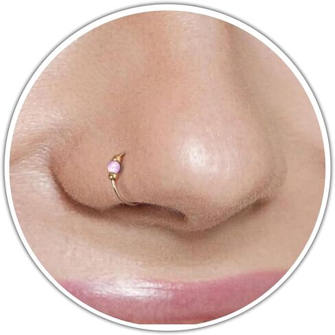 Fake Gold Nose Ring Blue Opal For Woman – 14K Gold Filled 24G 8mm Fake Nose Hoop Piercing – 2mm Opal 1mm Gold Beads – Birthday Mother's Day Anniversary Gift in Saudi Arabia