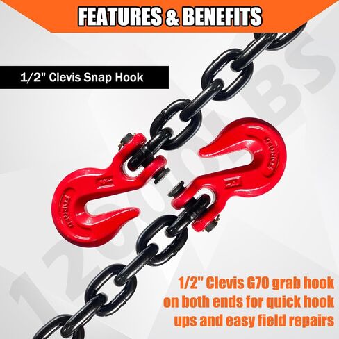 YATOINTO G80 Transport Binder Chain 5/16 Inch x 18 Foot with 2 Clevis Grab Hooks & 2 Added Clevis Snap Hook, 4,900 lbs SWL, Heavy-Duty Logging Chain for Transporting, Towing, Tie Down in Saudi Arabia