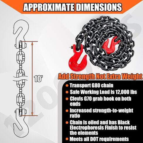 YATOINTO G80 Transport Binder Chain 5/16 Inch x 18 Foot with 2 Clevis Grab Hooks & 2 Added Clevis Snap Hook, 4,900 lbs SWL, Heavy-Duty Logging Chain for Transporting, Towing, Tie Down in Saudi Arabia