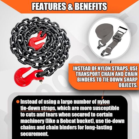 YATOINTO G80 Transport Binder Chain 5/16 Inch x 18 Foot with 2 Clevis Grab Hooks & 2 Added Clevis Snap Hook, 4,900 lbs SWL, Heavy-Duty Logging Chain for Transporting, Towing, Tie Down in Saudi Arabia