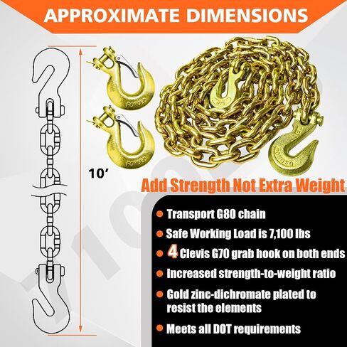سلسلة ربط النقل YATOINTO G80 مقاس 5/16 بوصة × 18 قدم مع خطافين للإمساك بخطافين و2 خطاف تثبيت إضافي، بوزن 4900 رطل، سلسلة تسجيل شديدة التحمل للنقل والقطر والربط in Saudi Arabia