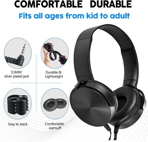 Bulk Kids Headphones for School Classroom 5-Pack,Durable Wired On-Ear 3.5mm Plug for Kids,Students,Computer,Kindle Fire,Chromebook,Laptop,Mobile Phone-Black in Kuwait