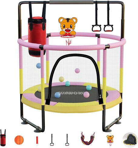 Trampoline for Kids, Adjustable Baby Toddler Trampoline with Basketball Hoop, 220lbs Indoor Outdoor Toddler Trampoline with Enclosure (Pink-E) in Saudi Arabia