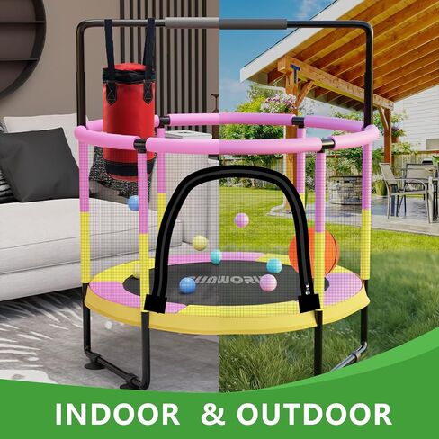 Trampoline for Kids, Adjustable Baby Toddler Trampoline with Basketball Hoop, 220lbs Indoor Outdoor Toddler Trampoline with Enclosure (Pink-E) in Saudi Arabia