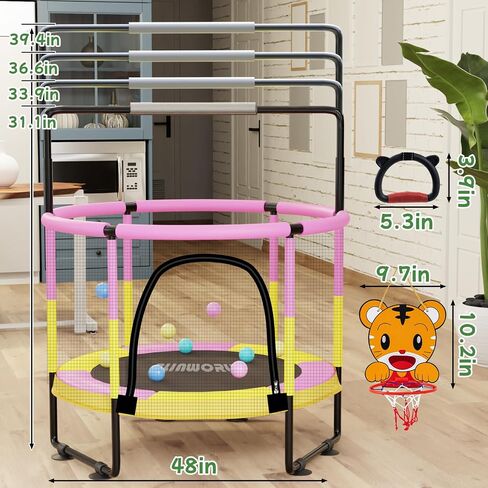Trampoline for Kids, Adjustable Baby Toddler Trampoline with Basketball Hoop, 220lbs Indoor Outdoor Toddler Trampoline with Enclosure (Pink-E) in Saudi Arabia