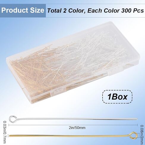 1 Box 600Pcs Jewelry Eye Pins Bulk Long Eye Pin 40mm Eyepins Gold Silver Headpins Brass Open Head Pins Findings for Jewelry Making Accessories DIY Necklaces Bracelets Earrings Crafts Supplies in Kuwait