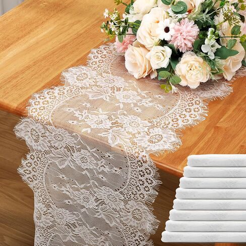 12 Pack Lace Table Runner 14 x 120 Inch White Rustic Lace Fabric Table Runners with Rose Embroidered Floral for Wedding Bridal Vintage Boho Table Runners Thanksgiving Christmas Party Decoration in Saudi Arabia