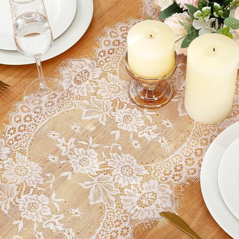12 Pack Lace Table Runner 14 x 120 Inch White Rustic Lace Fabric Table Runners with Rose Embroidered Floral for Wedding Bridal Vintage Boho Table Runners Thanksgiving Christmas Party Decoration in Saudi Arabia